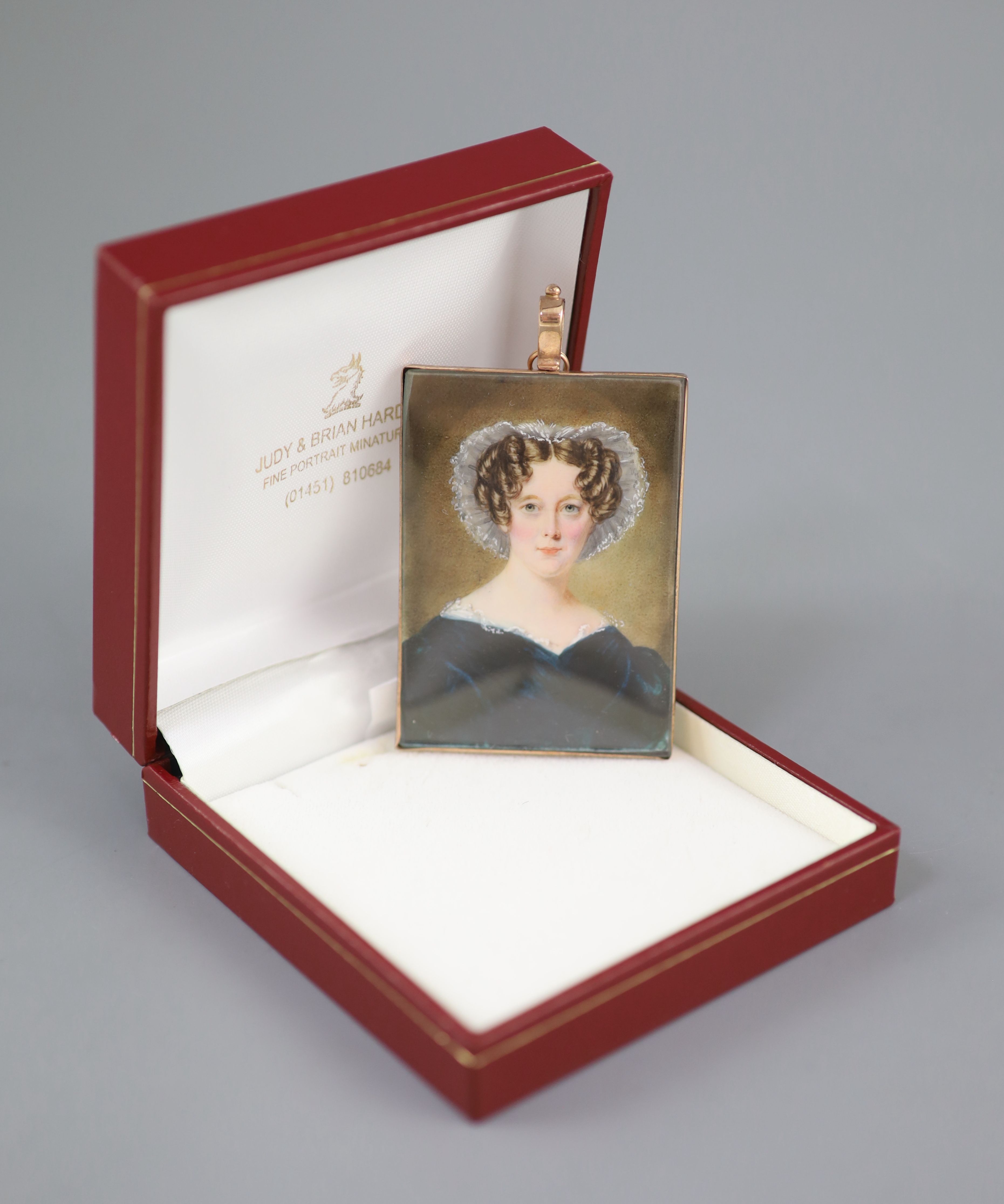 William Egley (1798-1870) Portrait miniature of a lady wearing a lace bonnet and green dress 2.5 x 1.75in., gold framed